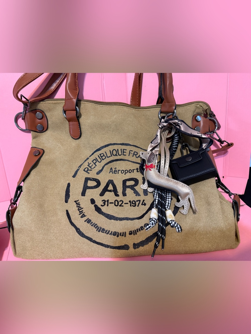 Canvas Paris Tote Bag with Leather Trim - Tan New w tags